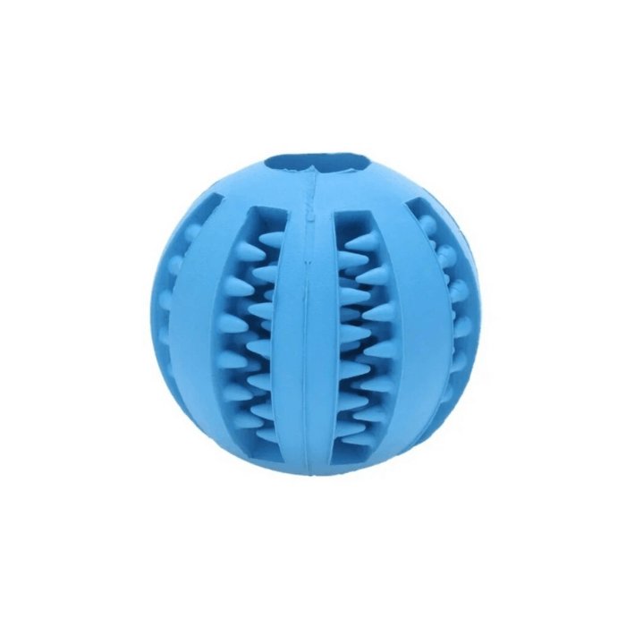 Bola de borracha azul para cachorros, com textura projetada para a limpeza dos dentes e massagem gengival. O brinquedo possui um design com sulcos e saliências, bem como um buraco central, funcional para rechear com petiscos, oferecendo estímulo mental e físico para o animal de estimação durante a brincadeira.