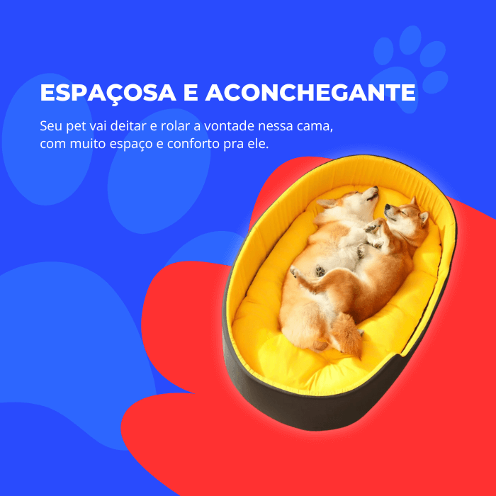 Imagem promocional de uma cama para pets, com o texto 'ESPACOSA E ACONCHEGANTE' indicando que o produto é ideal para o conforto do animal de estimação. A cama tem contornos altos em preto, interior amarelo e tem dois cães da raça Shiba Inu relaxando juntos. A imagem sugere que a cama é suficientemente grande para permitir que os pets se estiquem e rolem, oferecendo muito espaço e conforto.