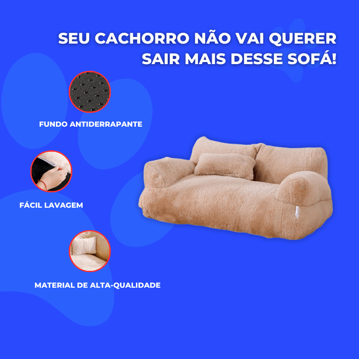 Cama para cachorros com design de sofá, destacando suas características que prometem conforto e conveniência. A ênfase é que o cachorro não vai querer sair do sofá, sugerindo o quão confortável é. Os pontos destacados incluem um fundo antiderrapante para manter o sofá no lugar, a facilidade de lavagem, e o material de alta qualidade que sugere durabilidade e conforto adicional. A imagem mostra o sofá-cama em uma cor bege suave, o que parece aconchegante e convidativo para um animal de estimação relaxar.