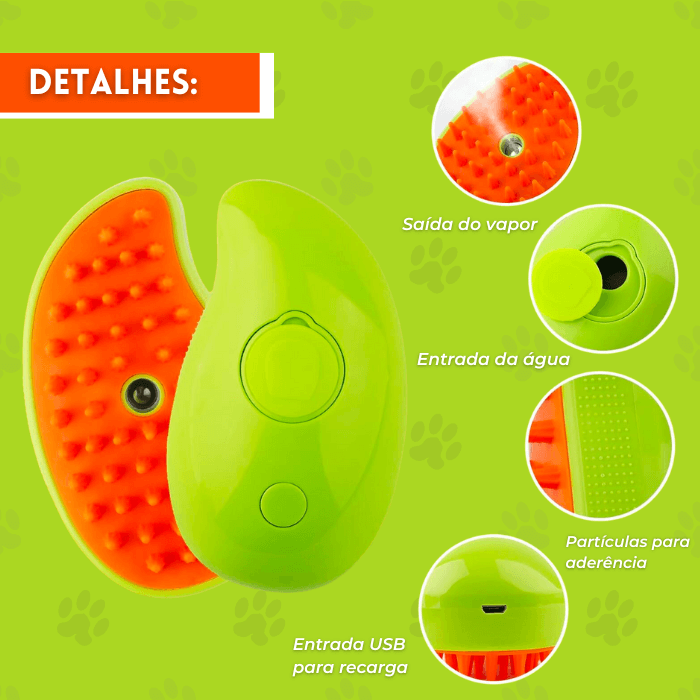 Imagem detalhando as características de uma escova a vapor para gatos. No centro, a escova na cor verde-limão com uma face de cerdas laranja. Em destaque, quatro características: 'Saída do vapor' no topo da escova, 'Entrada da água' com tampa de segurança, 'Entrada USB para recarga' na parte inferior da escova, e 'Partículas para aderência' na alça, para um manuseio seguro. O fundo verde com pegadas de gato complementa o design focado em detalhes e funcionalidades.