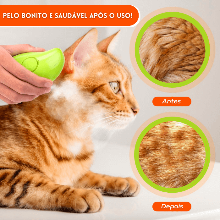 Imagem promocional mostrando os efeitos de uma escova a vapor 3 em 1 em um gato de pelagem atigrada. À esquerda, uma mão humana usa a escova verde-limão no gato, que parece relaxado. No topo à direita, um círculo mostra o pelo do gato 'Antes' do uso, e abaixo, um círculo 'Depois' revela o pelo visivelmente mais liso e brilhante. A imagem transmite a mensagem de que a escova proporciona um pelo bonito e saudável após o uso.