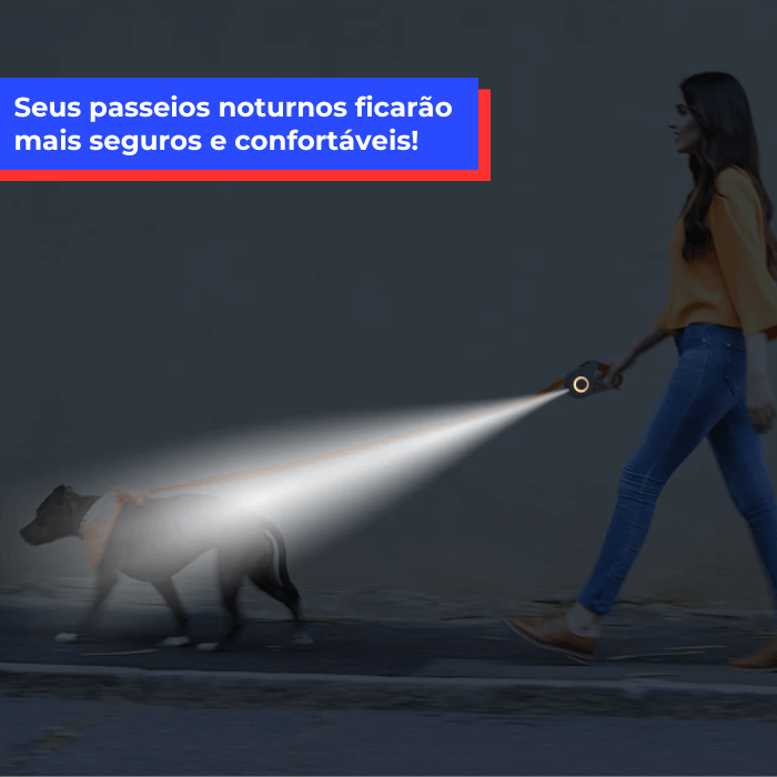 Ilustração promocional destacando os benefícios de um produto específico para passeios noturnos com pets. Uma mulher está caminhando com um cachorro, que está na ponta de uma guia retrátil com uma luz integrada. A luz ilumina o caminho à frente, oferecendo segurança e visibilidade em ambientes escuros. O texto ressalta que os passeios noturnos se tornarão mais seguros e confortáveis com o uso deste produto, sugerindo que é uma característica vantajosa para donos de cães que passeiam após o anoitecer.