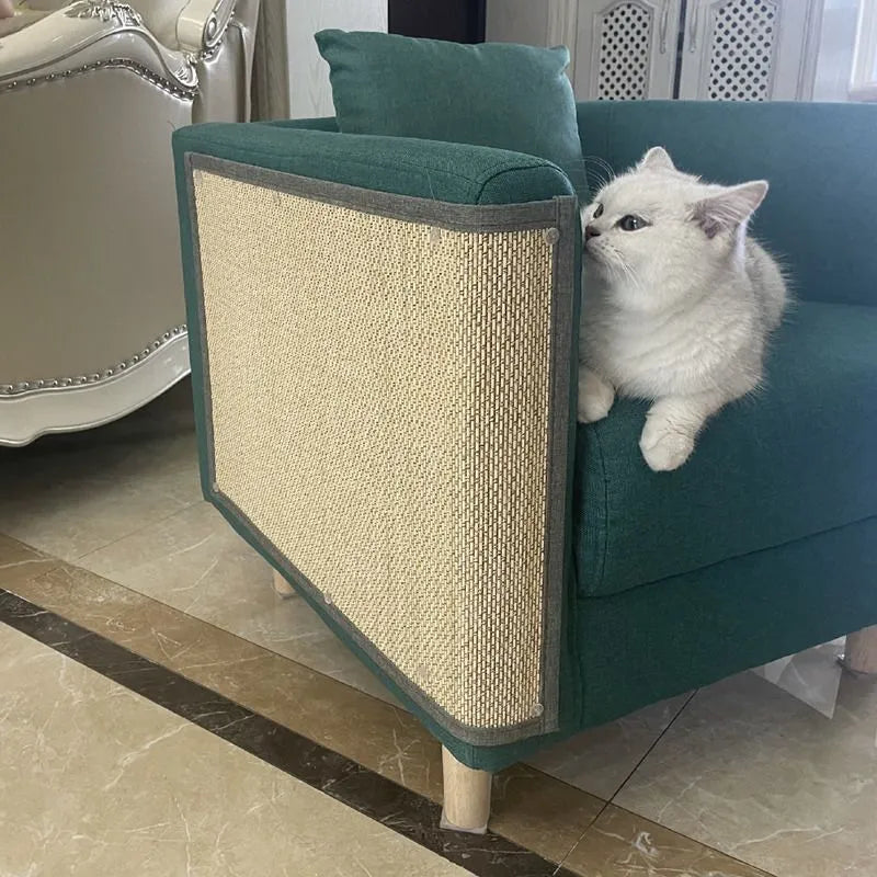 Na imagem, há um sofá de cor verde-esmeralda com uma almofada da mesma cor. Um painel de arranhador de sisal está bem posicionado em um dos braços do sofá, oferecendo uma superfície adequada para arranhar. Um gato branco, de pelagem longa e olhar curioso, está espreitando por trás do braço do sofá, com as patas dianteiras apoiadas no arranhador, como se estivesse prestes a utilizá-lo ou talvez apenas curioso sobre algo ao seu redor.