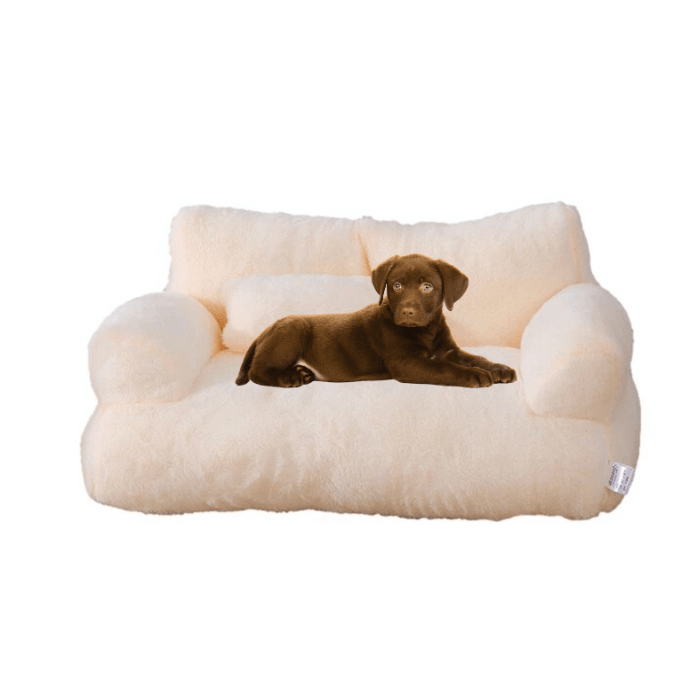 Aqui temos um adorável filhote de labrador de pelagem marrom chocolate, repousando tranquilamente em uma cama para cães que tem o formato de um sofá, na cor bege claro. A cama é bem fofa, com almofadas nos braços e encosto, o que parece fornecer um ambiente confortável e acolhedor para o filhote relaxar. Seus olhos atentos e postura calma sugerem que ele está alerta e observando algo ou alguém fora da imagem, mas ainda assim confortável em seu pequeno sofá.