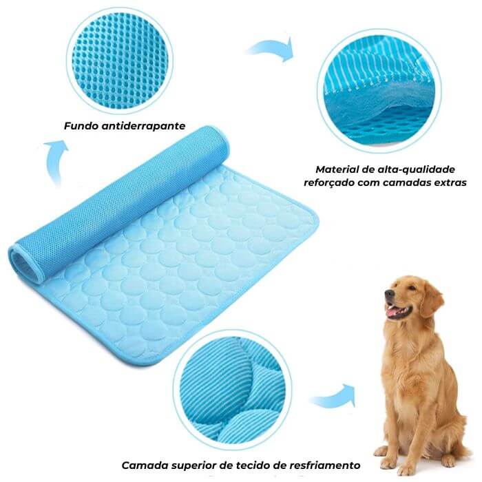 Um tapete de resfriamento azul para pets, parcialmente enrolado, acompanhado de um Golden Retriever sentado ao lado. Destaques do produto incluem um 'Fundo antiderrapante', mostrado em um círculo no canto superior esquerdo, e 'Material de alta-qualidade reforçado com camadas extras', ilustrado no círculo superior direito. Um close na 'Camada superior de tecido de resfriamento' é exibido no círculo inferior esquerdo, destacando as características de conforto e frescor do tapete.